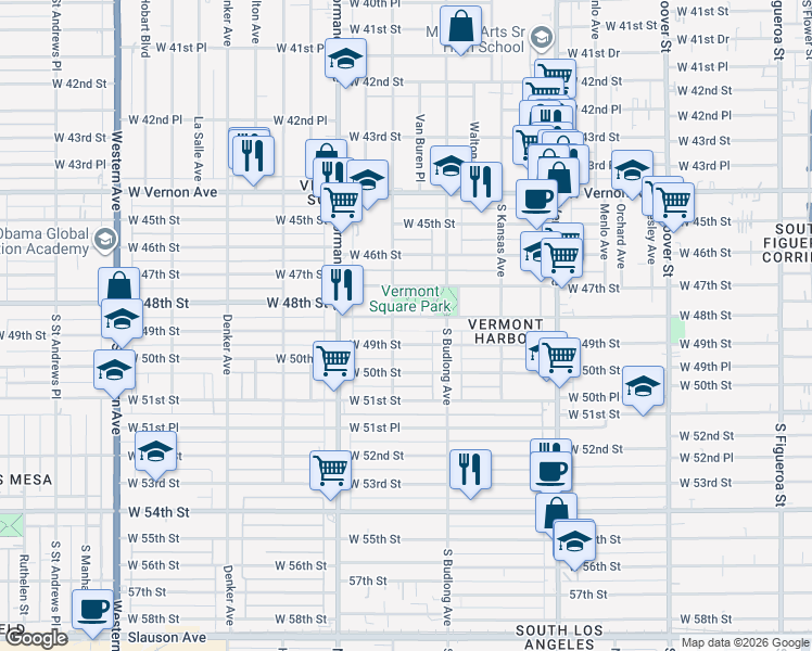 map of restaurants, bars, coffee shops, grocery stores, and more near 1246 West 48th Street in Los Angeles