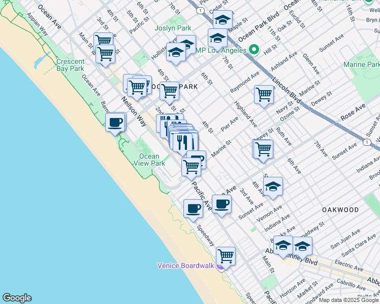 map of restaurants, bars, coffee shops, grocery stores, and more near in Santa Monica