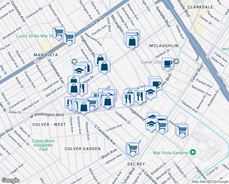 map of restaurants, bars, coffee shops, grocery stores, and more near 4125 Inglewood Boulevard in Los Angeles