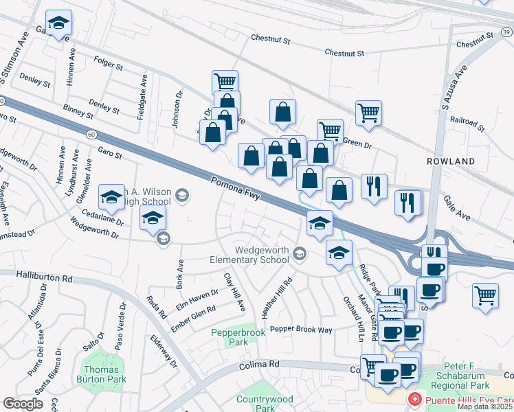 map of restaurants, bars, coffee shops, grocery stores, and more near 1441 Forest Glen Drive in Hacienda Heights