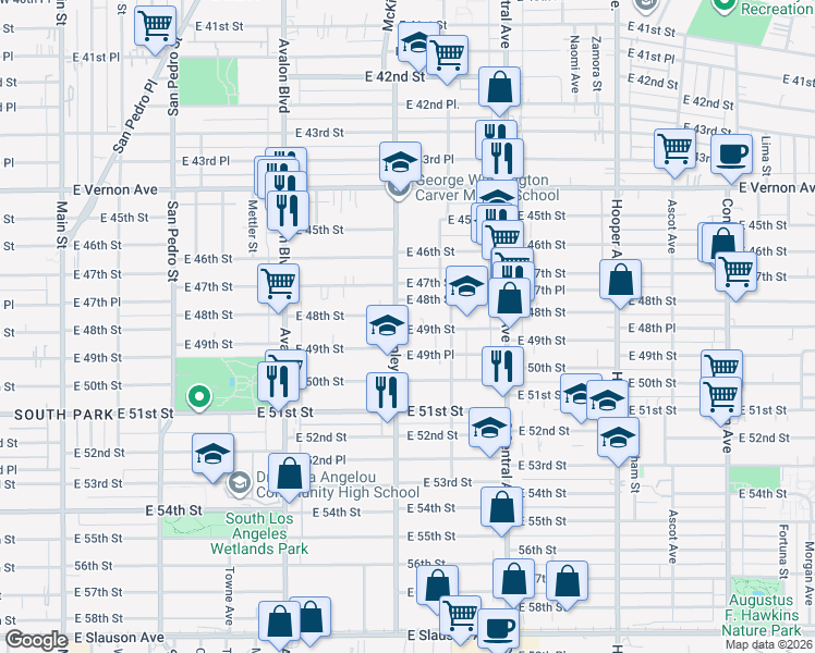 map of restaurants, bars, coffee shops, grocery stores, and more near 865 East 49th Street in Los Angeles