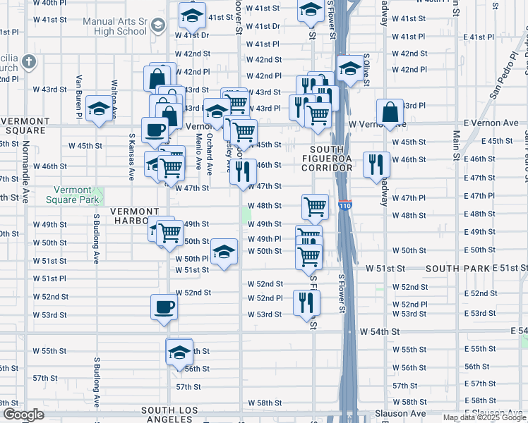 map of restaurants, bars, coffee shops, grocery stores, and more near 702 West 48th Street in Los Angeles