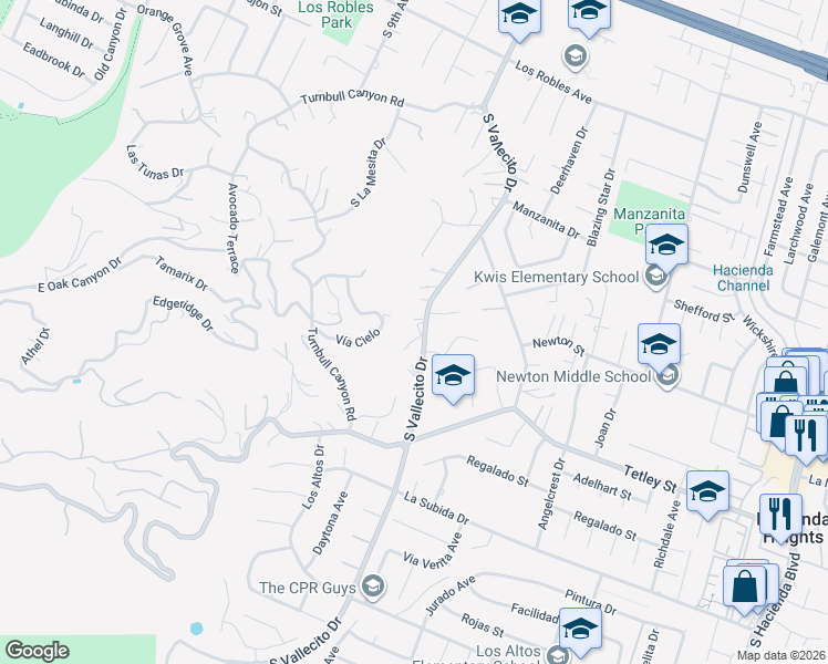 map of restaurants, bars, coffee shops, grocery stores, and more near 2111 South Vallecito Drive in Hacienda Heights