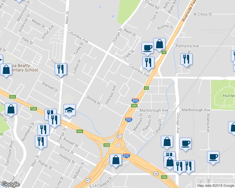 map of restaurants, bars, coffee shops, grocery stores, and more near 1537 Mulberry Street in Riverside