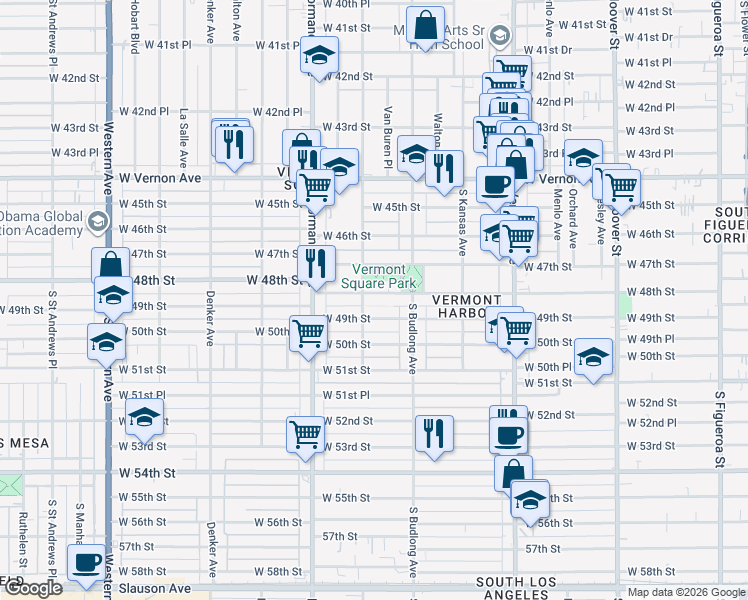 map of restaurants, bars, coffee shops, grocery stores, and more near 1246 West 48th Street in Los Angeles