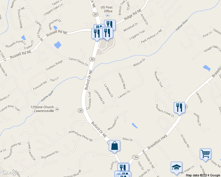 map of restaurants, bars, coffee shops, grocery stores, and more near 1293 La Mesa Drive in Lawrenceville