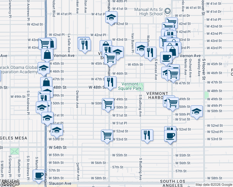 map of restaurants, bars, coffee shops, grocery stores, and more near 1330 West 48th Street in Los Angeles