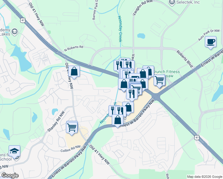 map of restaurants, bars, coffee shops, grocery stores, and more near 1414 Dolcetto Trace in Kennesaw