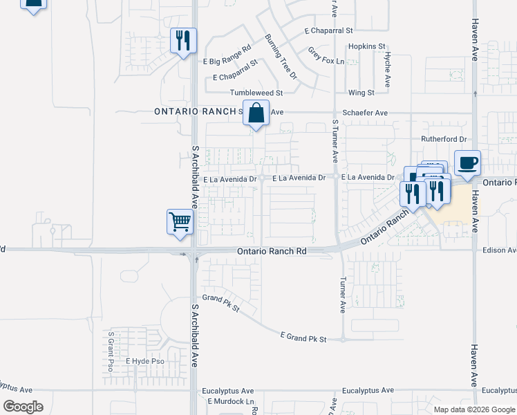 map of restaurants, bars, coffee shops, grocery stores, and more near 9876 Edison Avenue in Ontario