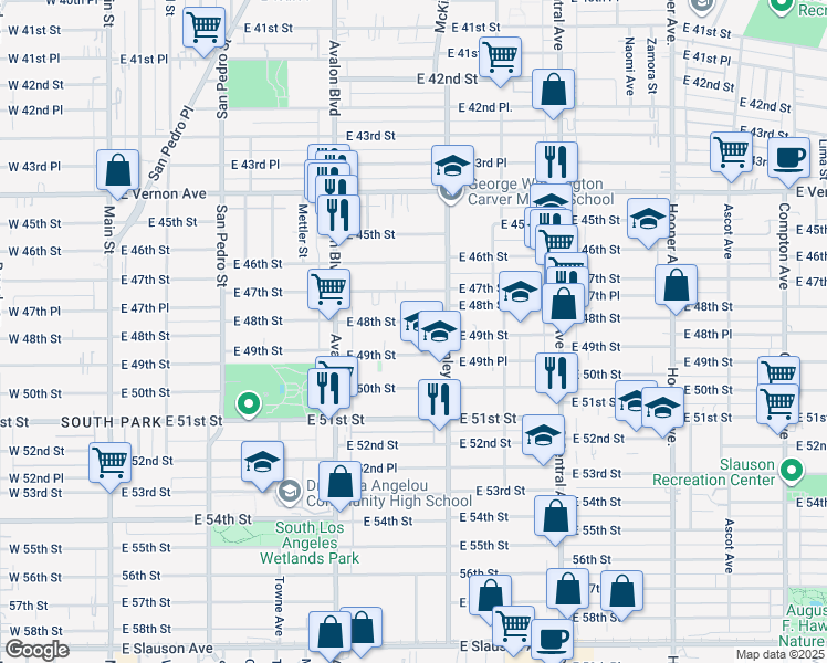 map of restaurants, bars, coffee shops, grocery stores, and more near 763 East 49th Street in Los Angeles