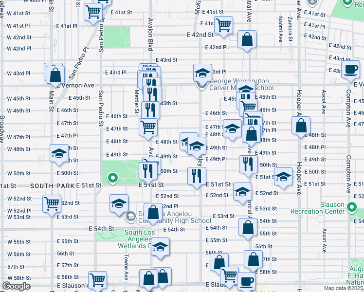 map of restaurants, bars, coffee shops, grocery stores, and more near 695 East 49th Street in Los Angeles