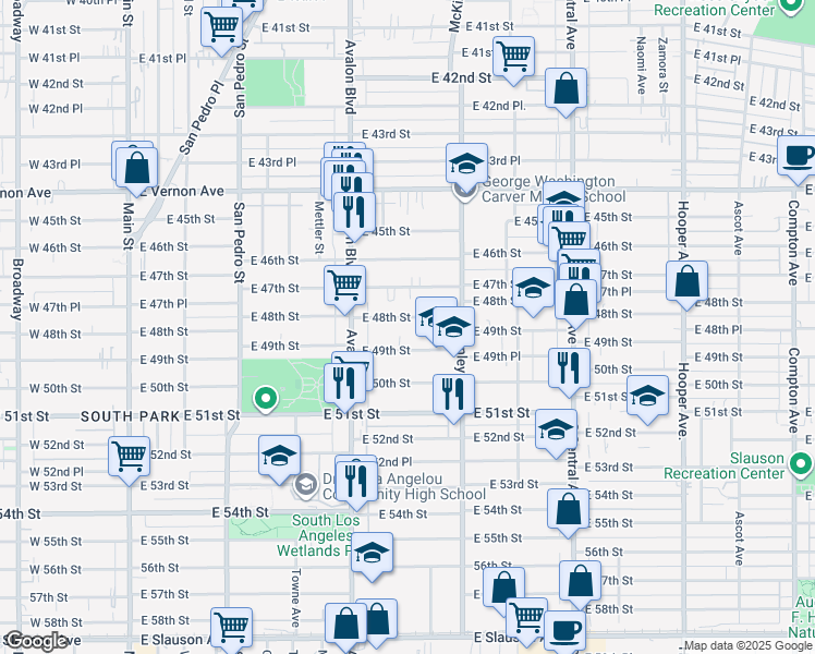map of restaurants, bars, coffee shops, grocery stores, and more near 695 East 49th Street in Los Angeles