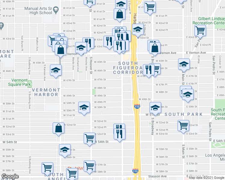 map of restaurants, bars, coffee shops, grocery stores, and more near 535 West 49th Street in Los Angeles