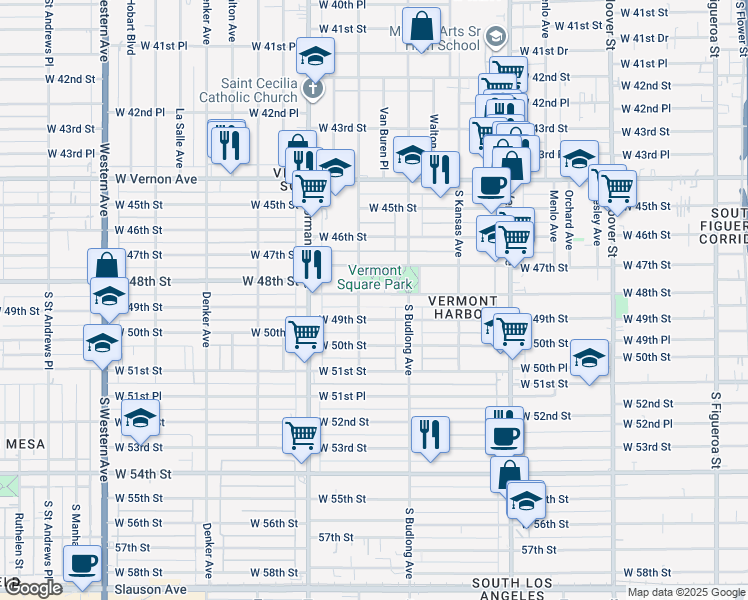 map of restaurants, bars, coffee shops, grocery stores, and more near 1245 West 49th Street in Los Angeles
