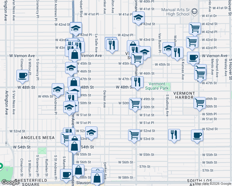 map of restaurants, bars, coffee shops, grocery stores, and more near 1494 West 49th Street in Los Angeles