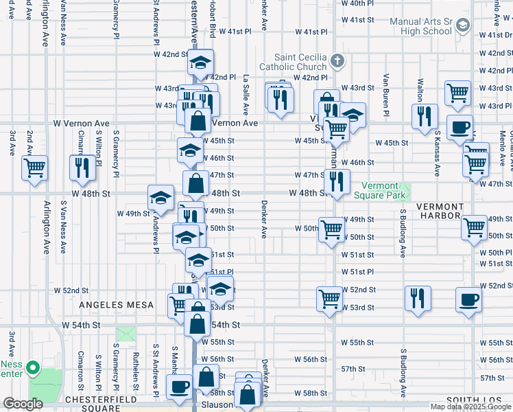 map of restaurants, bars, coffee shops, grocery stores, and more near 1544 West 49th Street in Los Angeles