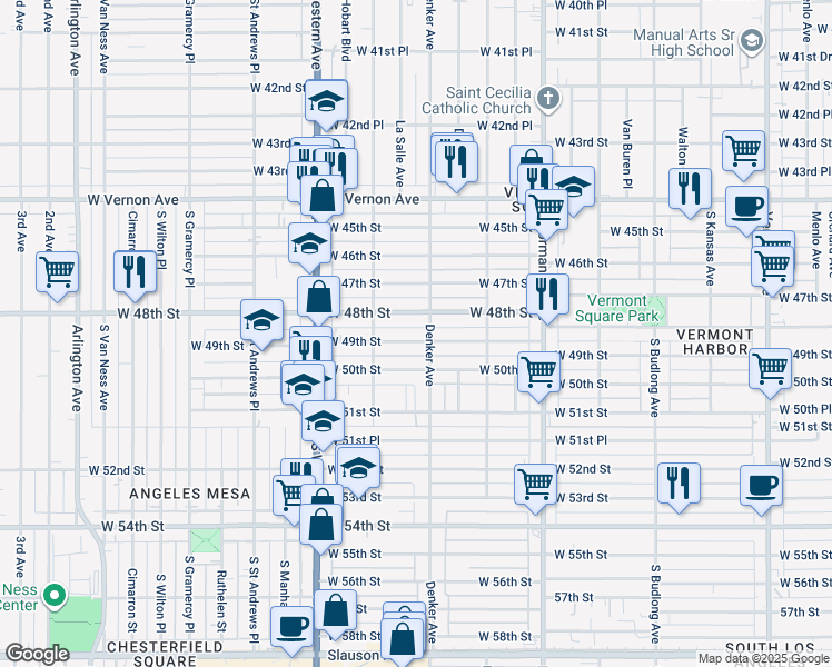 map of restaurants, bars, coffee shops, grocery stores, and more near 1544 West 49th Street in Los Angeles