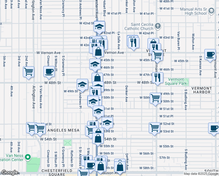 map of restaurants, bars, coffee shops, grocery stores, and more near 1592 West 49th Street in Los Angeles
