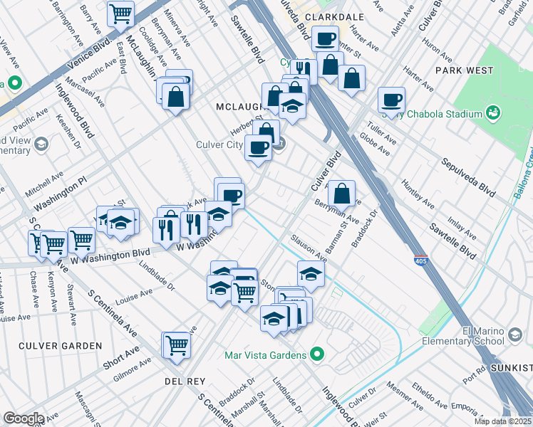 map of restaurants, bars, coffee shops, grocery stores, and more near 4365 McLaughlin Avenue in Los Angeles