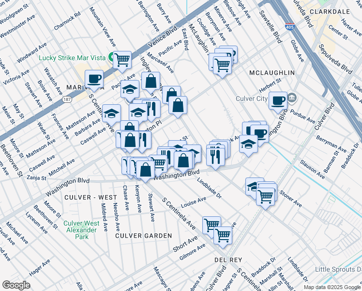 map of restaurants, bars, coffee shops, grocery stores, and more near in Los Angeles