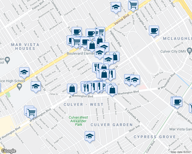 map of restaurants, bars, coffee shops, grocery stores, and more near 12428 Washington Place in Los Angeles