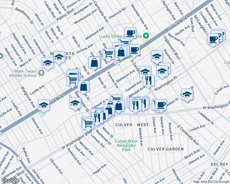 map of restaurants, bars, coffee shops, grocery stores, and more near 12626 Caswell Avenue in Los Angeles
