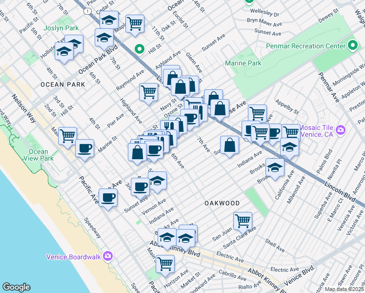 map of restaurants, bars, coffee shops, grocery stores, and more near 604 Rose Avenue in Los Angeles