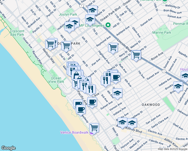 map of restaurants, bars, coffee shops, grocery stores, and more near 200 3rd Avenue in Los Angeles