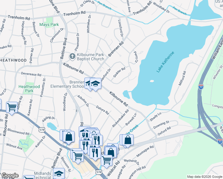 map of restaurants, bars, coffee shops, grocery stores, and more near 4710 Kilbourne Road in Columbia