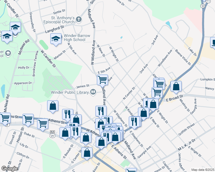 map of restaurants, bars, coffee shops, grocery stores, and more near 424 Georgia Highway 211 in Winder