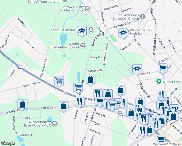 map of restaurants, bars, coffee shops, grocery stores, and more near 284 Apperson Drive in Winder