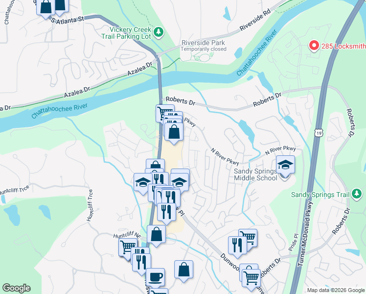 map of restaurants, bars, coffee shops, grocery stores, and more near 360 Winding River Drive in Sandy Springs