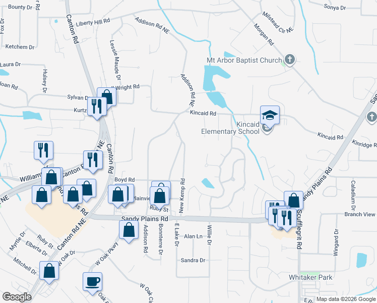 map of restaurants, bars, coffee shops, grocery stores, and more near 1957 New Kemp Road in Marietta