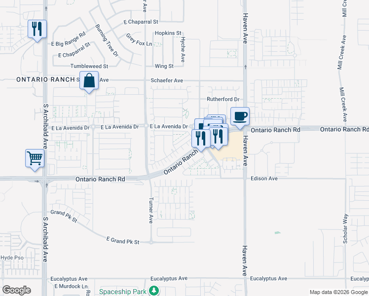 map of restaurants, bars, coffee shops, grocery stores, and more near 3230 East Yountville Drive in Ontario