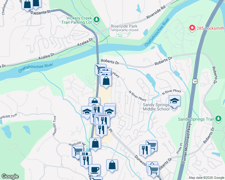 map of restaurants, bars, coffee shops, grocery stores, and more near 305 Winding River Drive in Atlanta