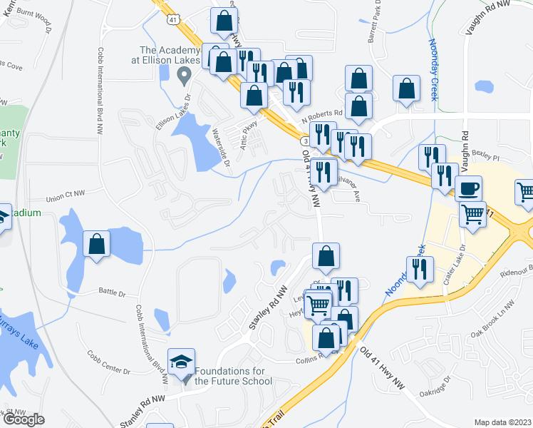 map of restaurants, bars, coffee shops, grocery stores, and more near Trees of Kennesaw Parkway Northwest in Kennesaw
