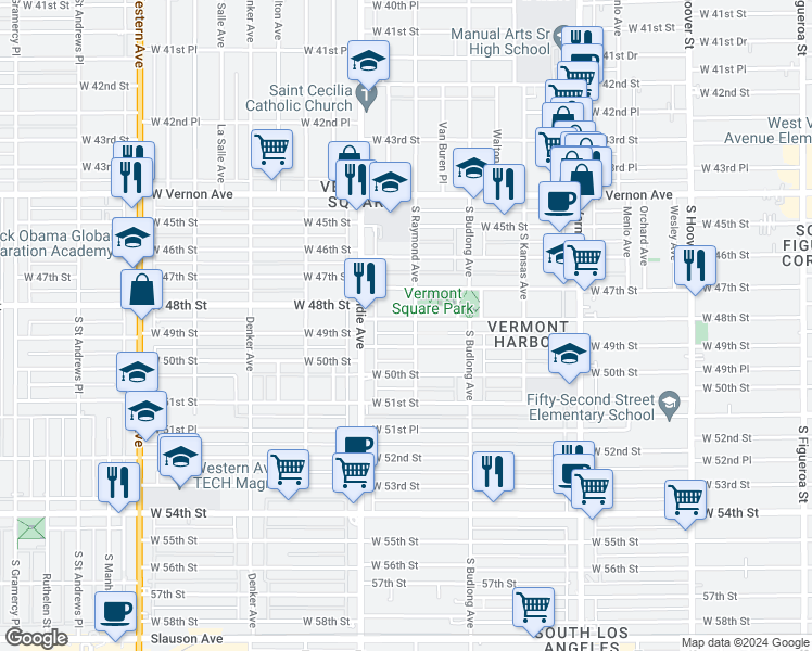 map of restaurants, bars, coffee shops, grocery stores, and more near 1306 West 48th Street in Los Angeles
