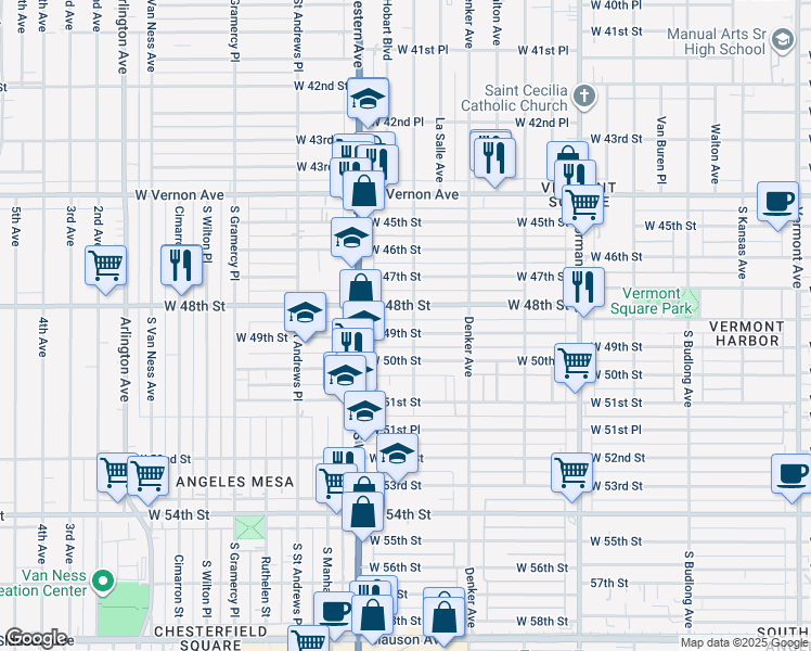 map of restaurants, bars, coffee shops, grocery stores, and more near 1607 West 49th Street in Los Angeles