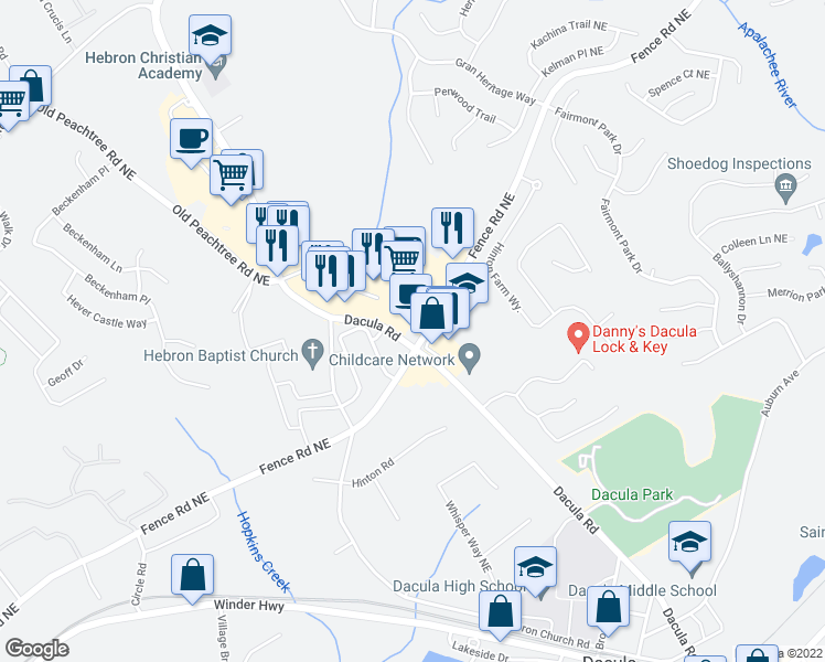map of restaurants, bars, coffee shops, grocery stores, and more near 485 Dacula Road in Dacula