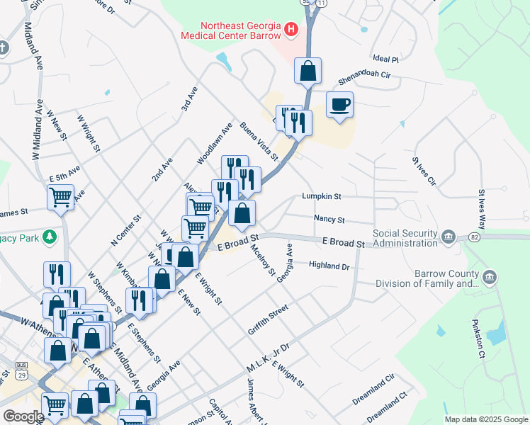 map of restaurants, bars, coffee shops, grocery stores, and more near 250 Lumpkin Street in Winder