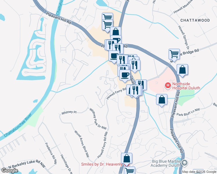 map of restaurants, bars, coffee shops, grocery stores, and more near 3575 Peachtree Industrial Boulevard in Duluth