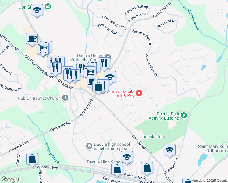 map of restaurants, bars, coffee shops, grocery stores, and more near 2500 Fence Road in Dacula
