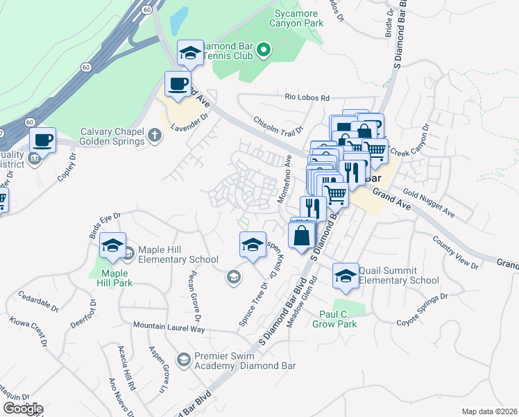 map of restaurants, bars, coffee shops, grocery stores, and more near 22910 Estoril Drive in Diamond Bar