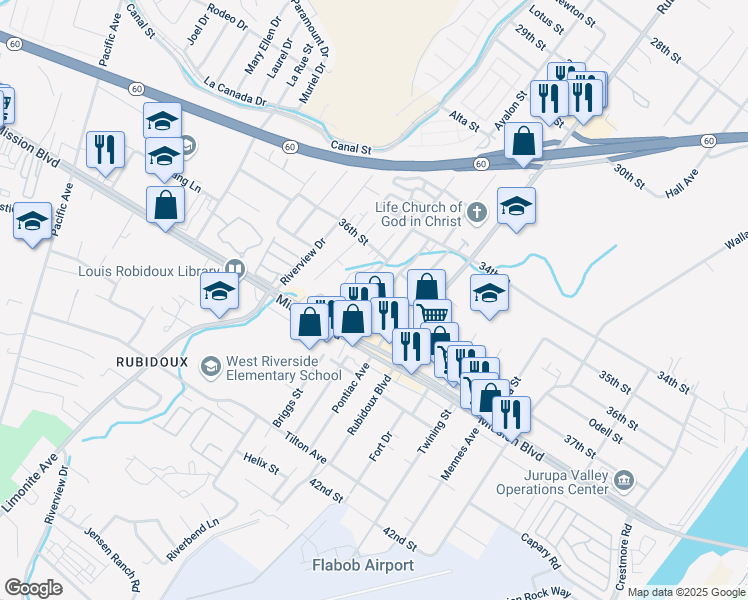 map of restaurants, bars, coffee shops, grocery stores, and more near 3714 Pioneer Drive in Riverside