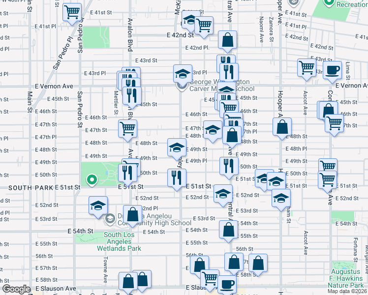 map of restaurants, bars, coffee shops, grocery stores, and more near 890 East 49th Street in Los Angeles