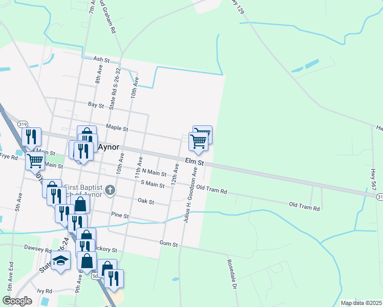 map of restaurants, bars, coffee shops, grocery stores, and more near 1213 Elm Street in Aynor