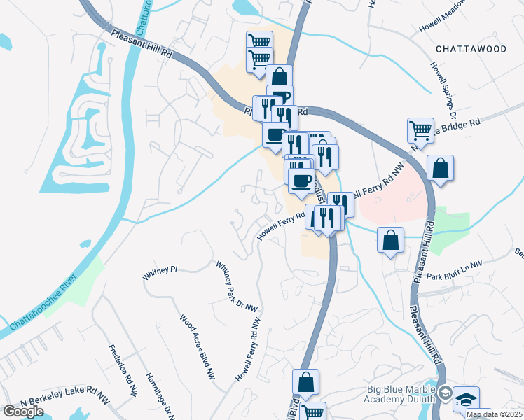 map of restaurants, bars, coffee shops, grocery stores, and more near 3575 Peachtree Industrial Boulevard in Duluth