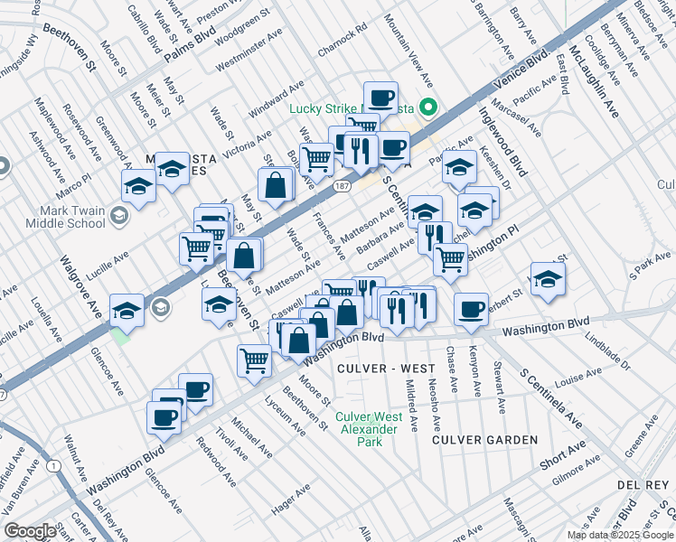 map of restaurants, bars, coffee shops, grocery stores, and more near 12617 Caswell Avenue in Los Angeles