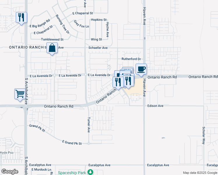 map of restaurants, bars, coffee shops, grocery stores, and more near 3250 East Yountville Drive in Ontario