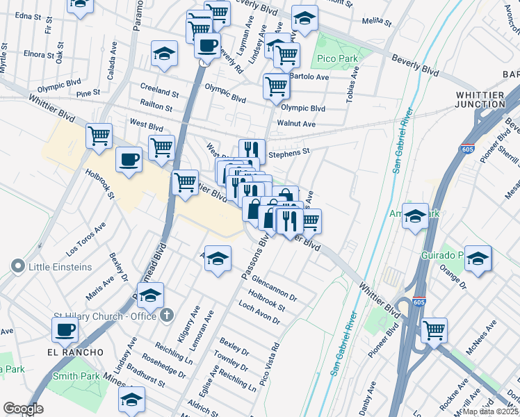 map of restaurants, bars, coffee shops, grocery stores, and more near in Pico Rivera